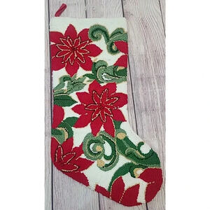 Sugar Plum Dreams Hooked Poinsettia Christmas Stocking Embellished 19.5" New